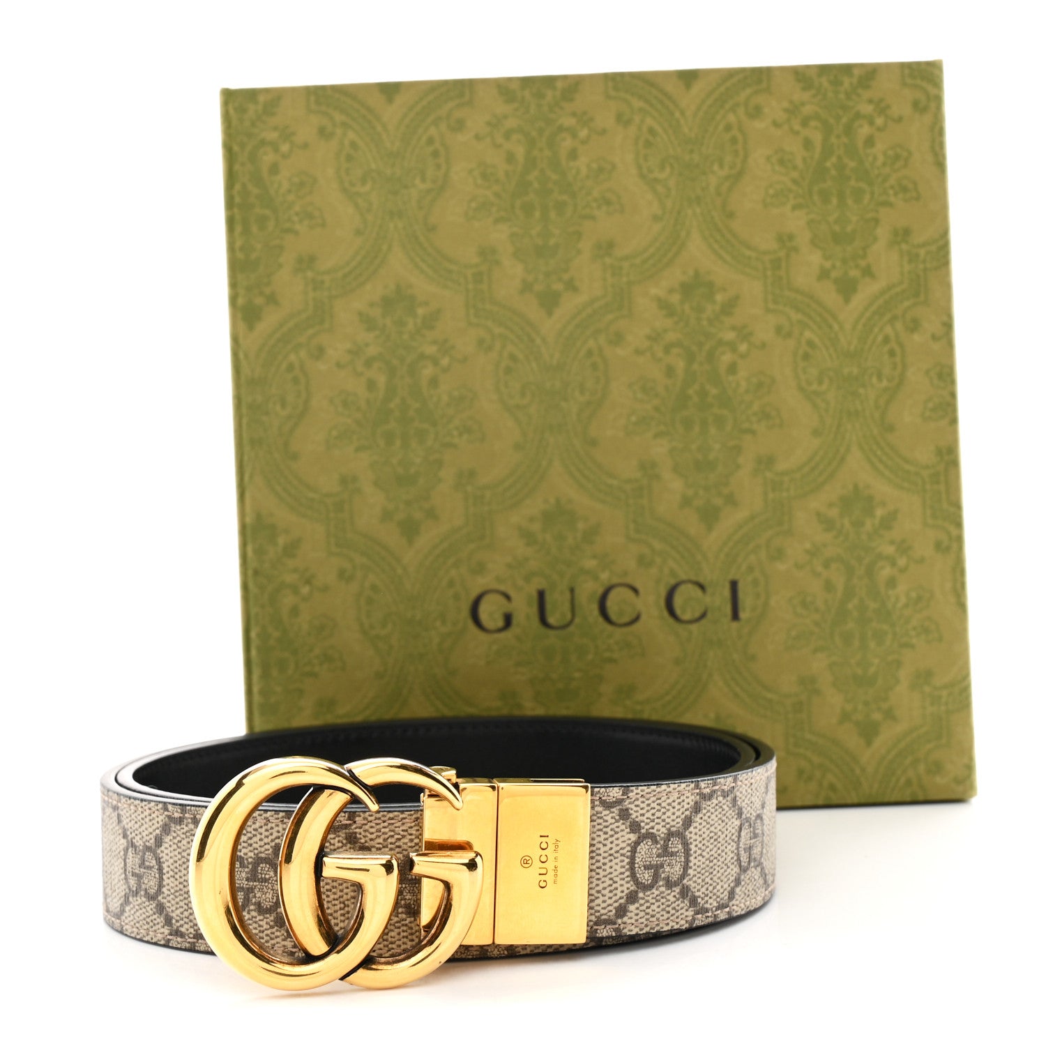 Gucci GG Supreme Monogram Plutone Calfskin Double G Reversible 30mm Belt 80 32 Beige Ebony Black 6 of 6