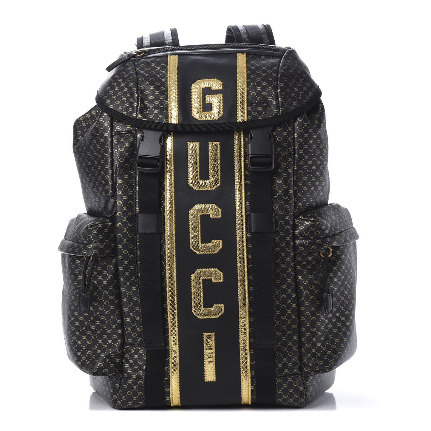 X DAPPER DAN Calfskin Laminated Ayers GG Micro Monogram Double Buckle Backpack Black Gold
