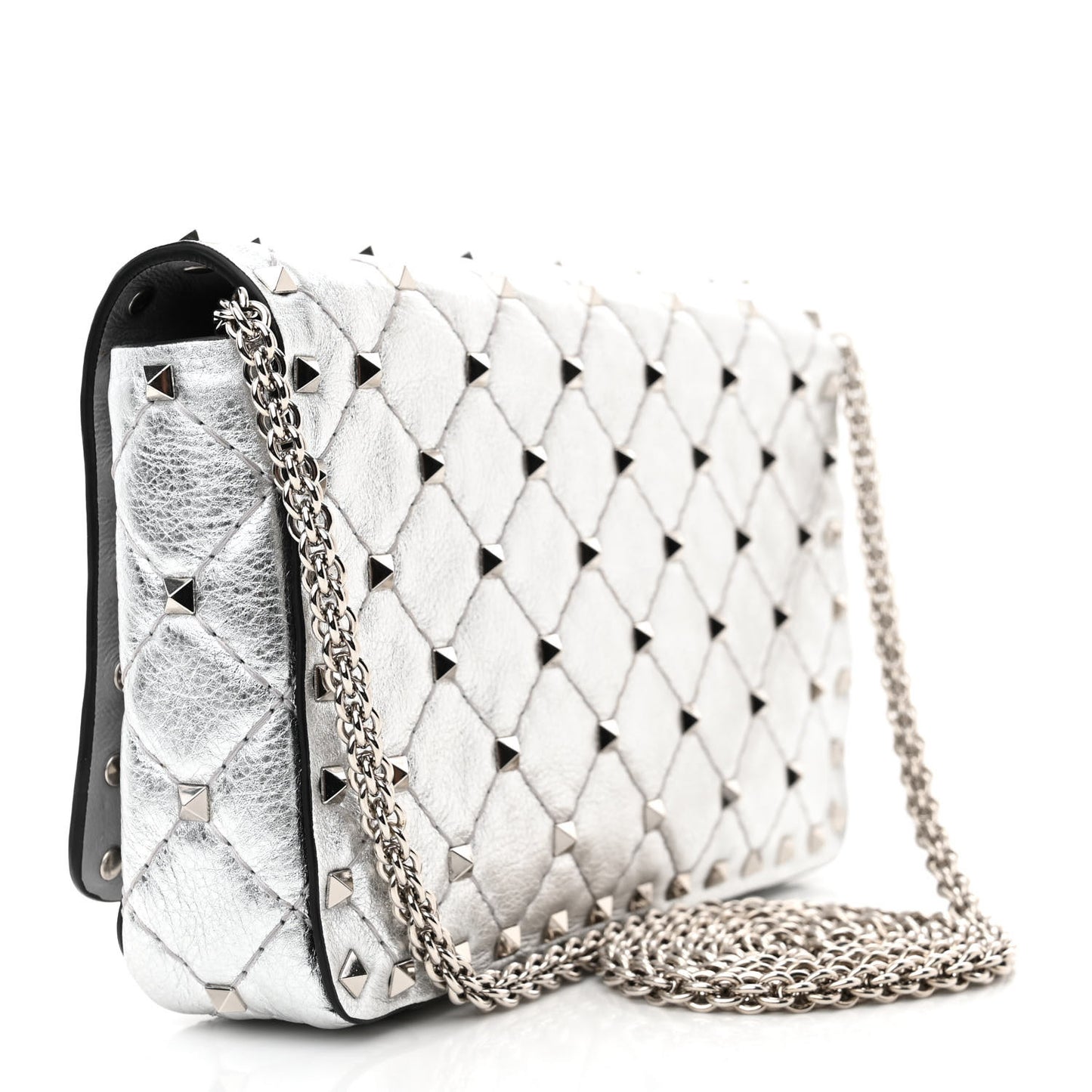 Metallic Nappa Rockstud Spike Shoulder Bag Silver