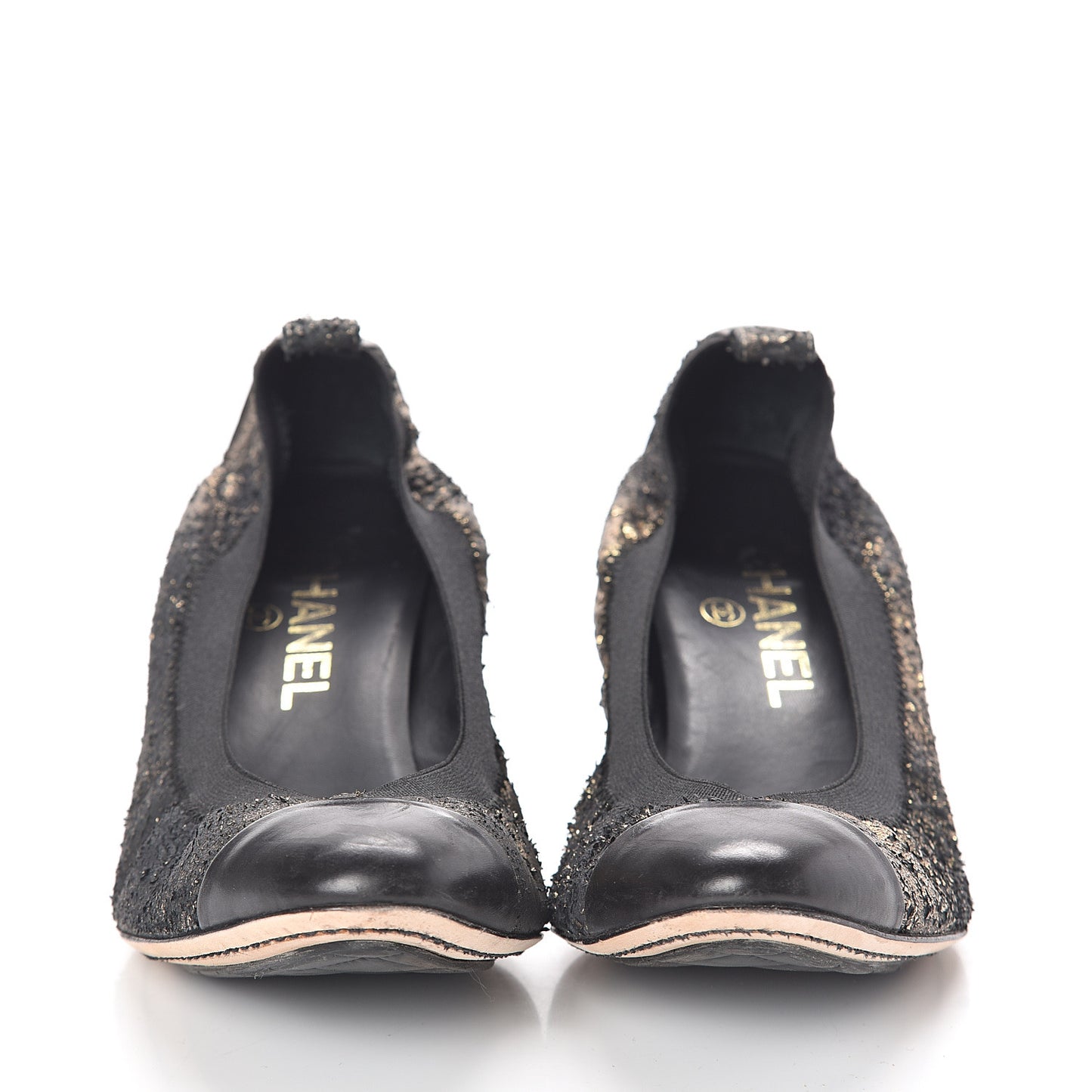 Metallic Lambskin Cap Toe CC Elastic Stretch Pumps 38.5 Black
