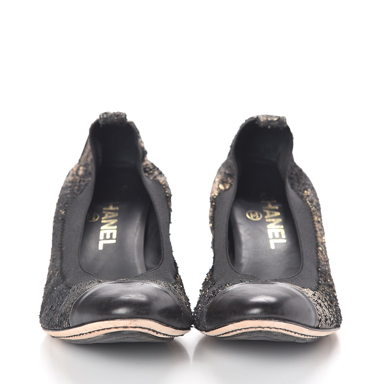 Chanel Metallic Lambskin Cap Toe CC Elastic Stretch Pumps 38.5 Black 2 of 13