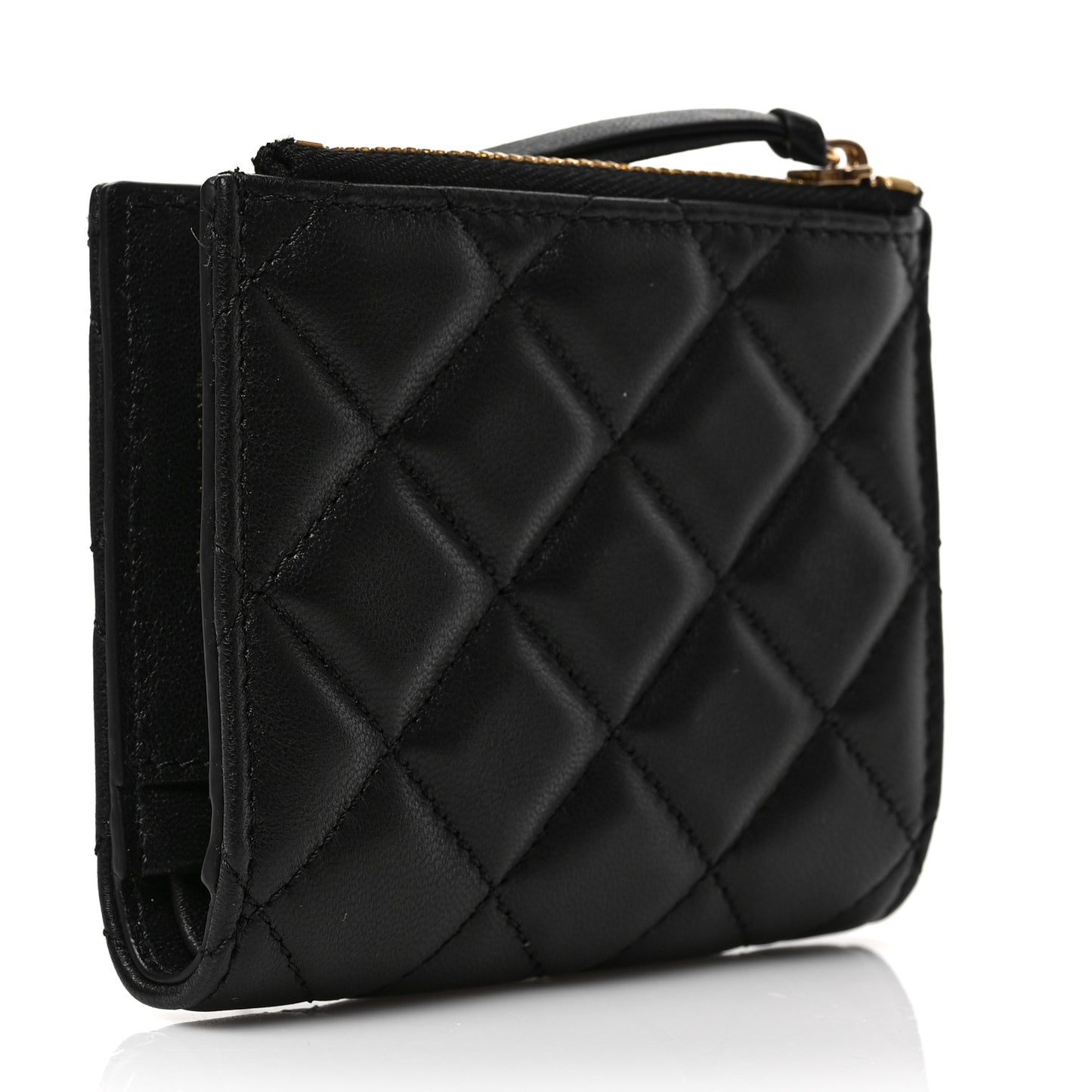 Calfskin Quilted Medusa Zip Card Holder Wallet Black
