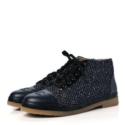 Chanel Tweed Calfskin Patent CC Lace Up Short Boots 42 Black Grey Dark Navy 3 of 8