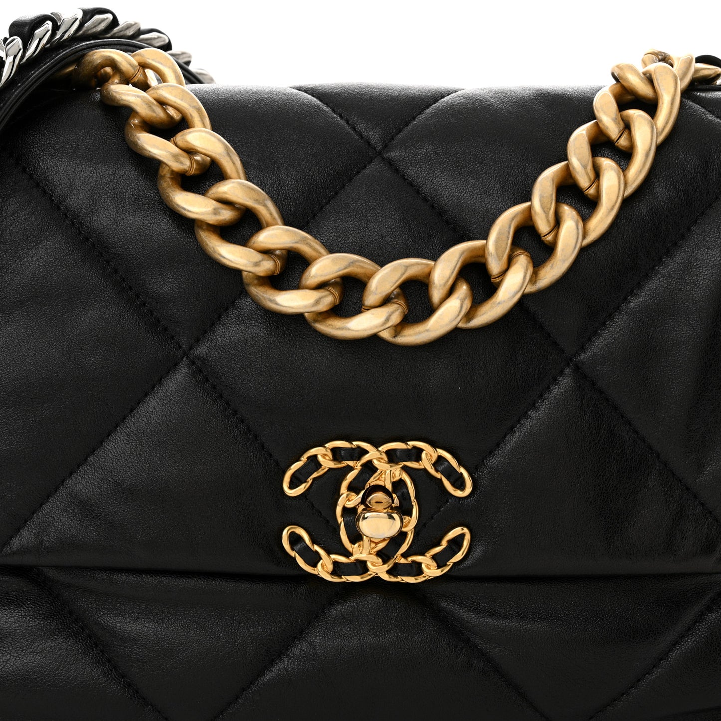 Shiny Goatskin Quilted Large Chanel 19 Flap Black