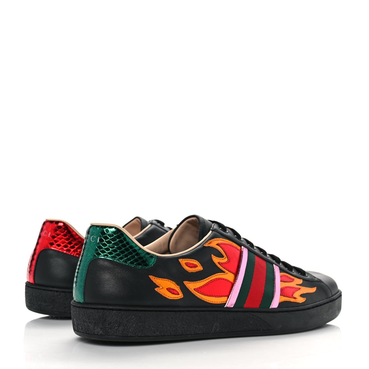 Gucci Calfskin Ayers Web Flames Embroidered Mens Ace Sneakers 11.5 Black 4 of 10