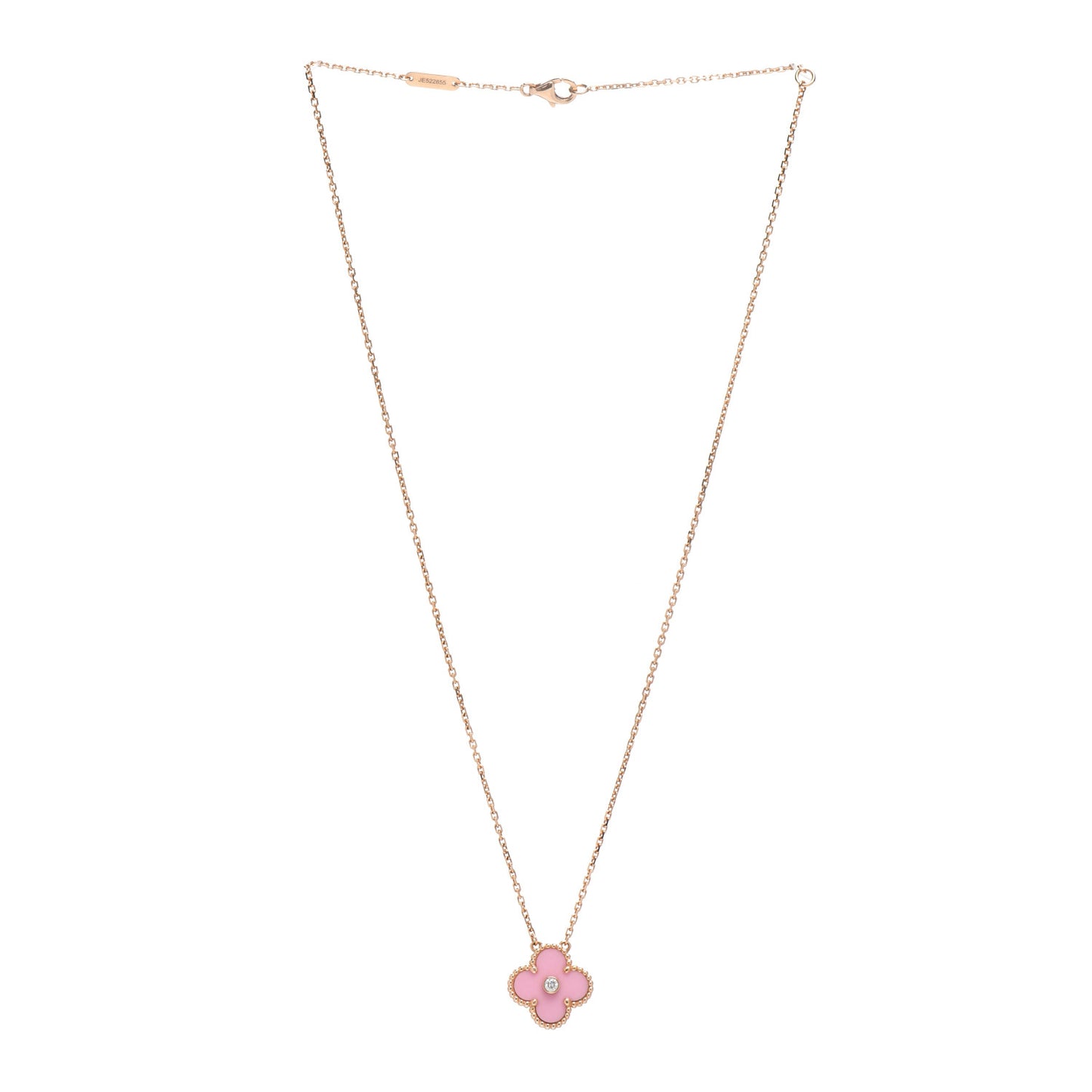 18K Rose Gold Diamond Pink Porcelain Vintage Alhambra Pendant Necklace