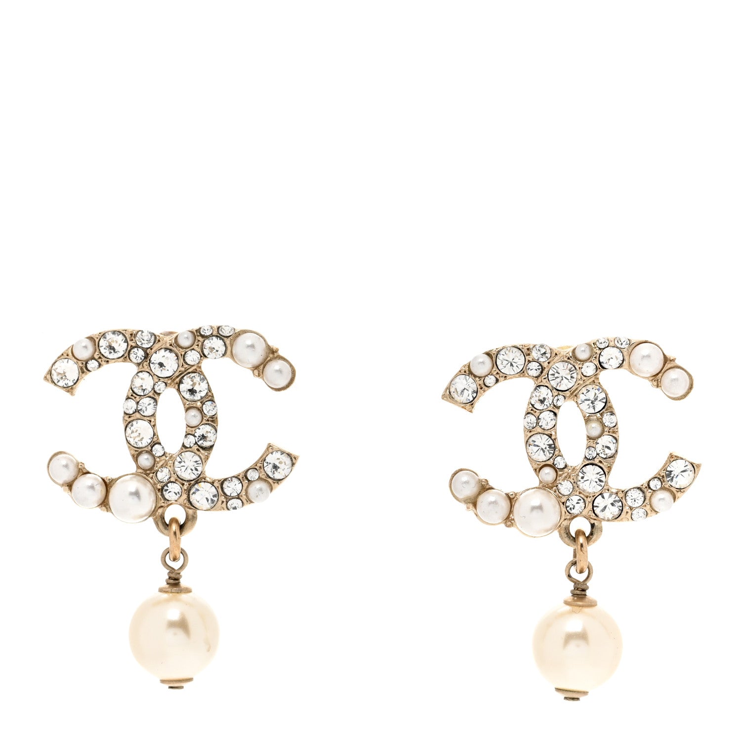 Chanel Crystal Pearl CC Drop Earrings Gold Pearly White 1 of 4