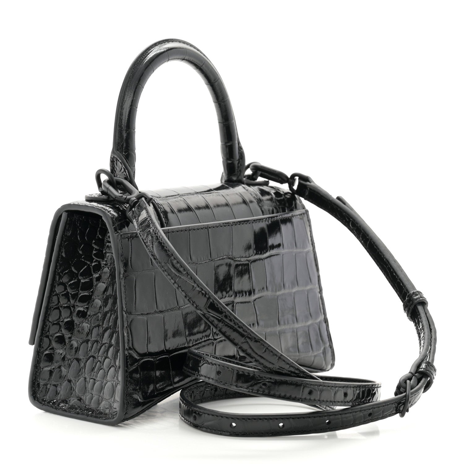 Balenciaga Shiny Calfskin Strass Monochrome Crocodile Embossed Hourglass Top Handle Bag XS Black 3 of 9