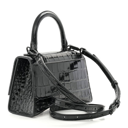 Balenciaga Shiny Calfskin Strass Monochrome Crocodile Embossed Hourglass Top Handle Bag XS Black 3 of 9