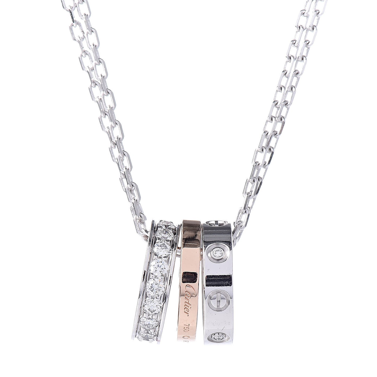 18K White Pink Gold Diamond Three Ring LOVE Pendant Necklace