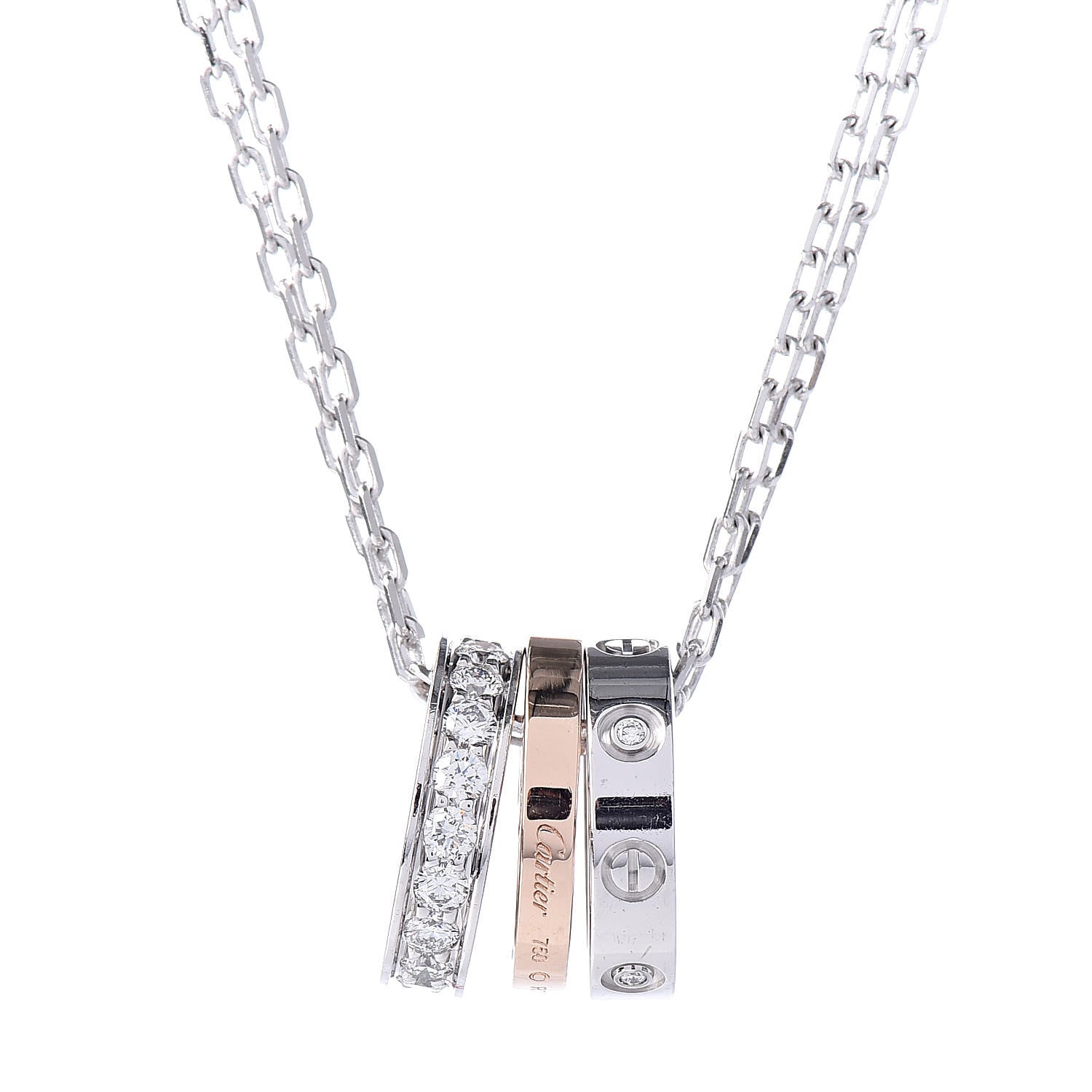 Cartier 18K White Pink Gold Diamond Three Ring LOVE Pendant Necklace 4 of 7