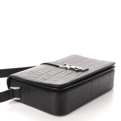Saint Laurent Calfskin Crocodile Embossed Medium Monogram Universite Bag Black 4 of 10