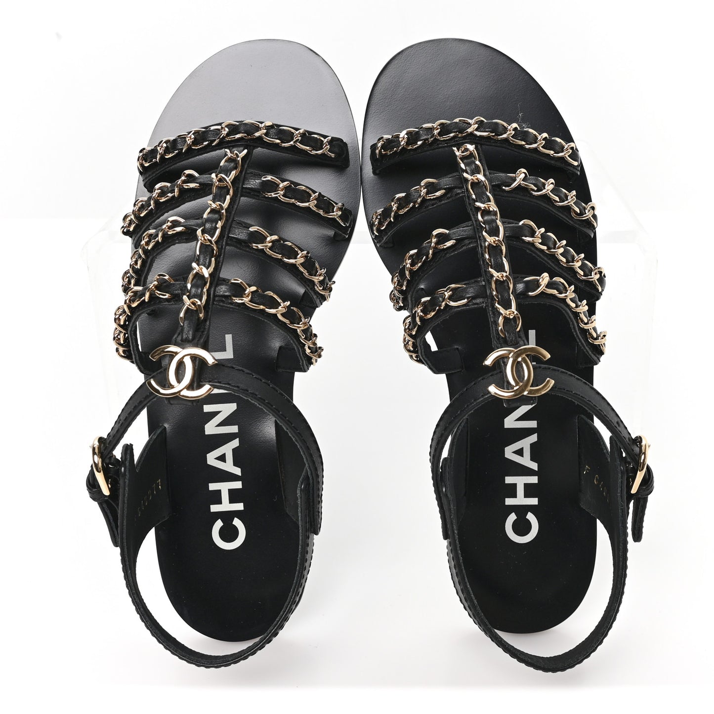 Calfskin Multi Chain CC Sandals 37 Black 36 Black