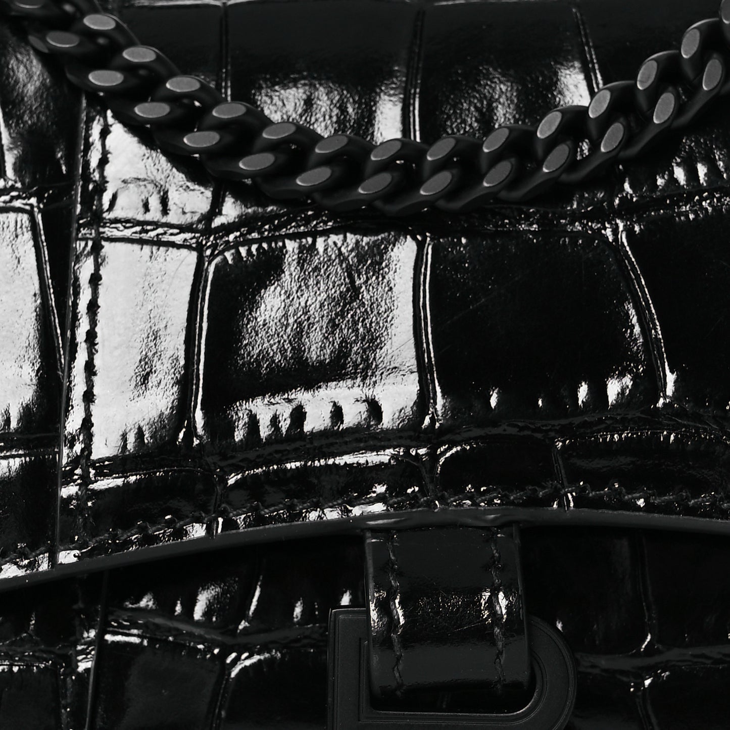 Shiny Calfskin Monochrome Crocodile Embossed Hourglass Top Handle Bag Mini with Chain Black
