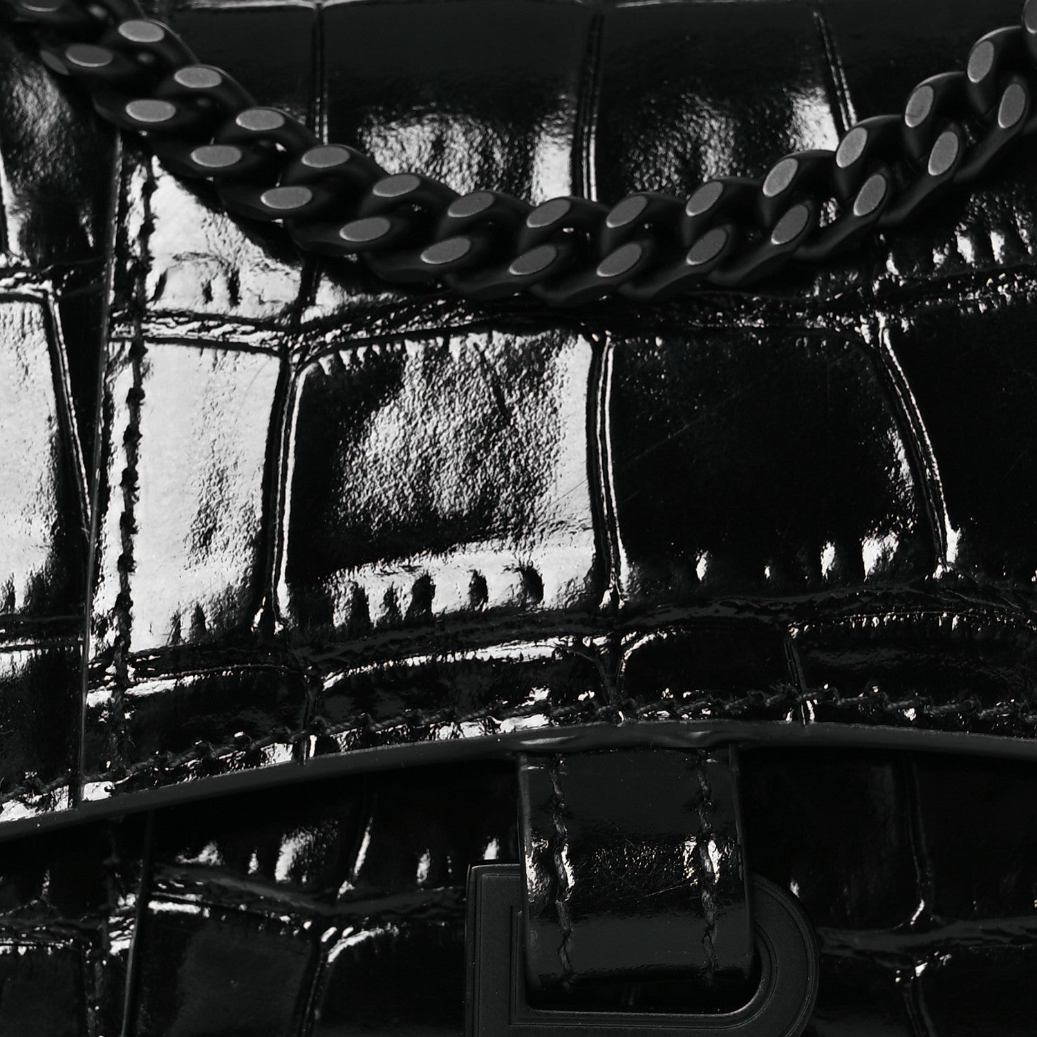 Balenciaga Shiny Calfskin Monochrome Crocodile Embossed Hourglass Top Handle Bag Mini with Chain Black 8 of 12