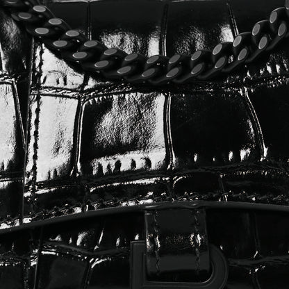 Balenciaga Shiny Calfskin Monochrome Crocodile Embossed Hourglass Top Handle Bag Mini with Chain Black 8 of 12