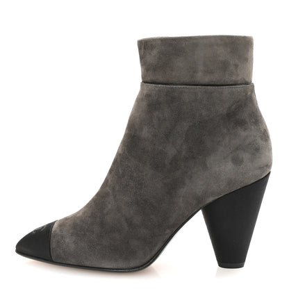 Chanel Suede Calfskin Satin Cap Toe Short Boots 38 Grey Black 1 of 10