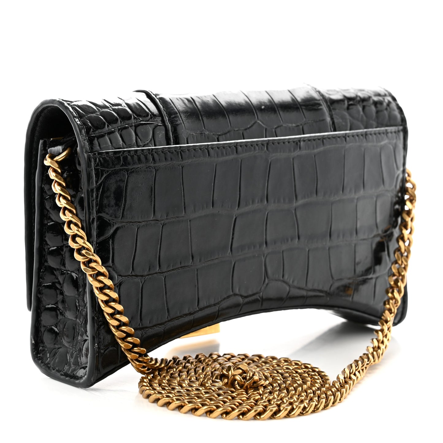 Shiny Calfskin Crocodile Embossed Hourglass Chain Bag Black