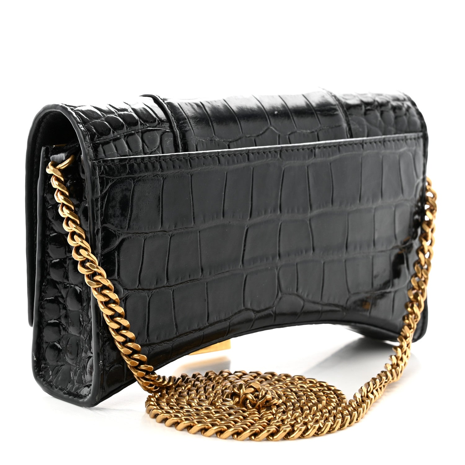 Balenciaga Shiny Calfskin Crocodile Embossed Hourglass Chain Bag Black 3 of 10