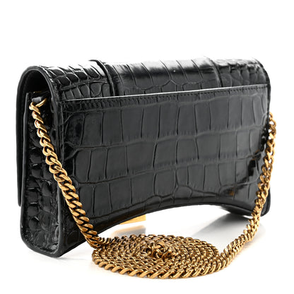 Balenciaga Shiny Calfskin Crocodile Embossed Hourglass Chain Bag Black 3 of 10