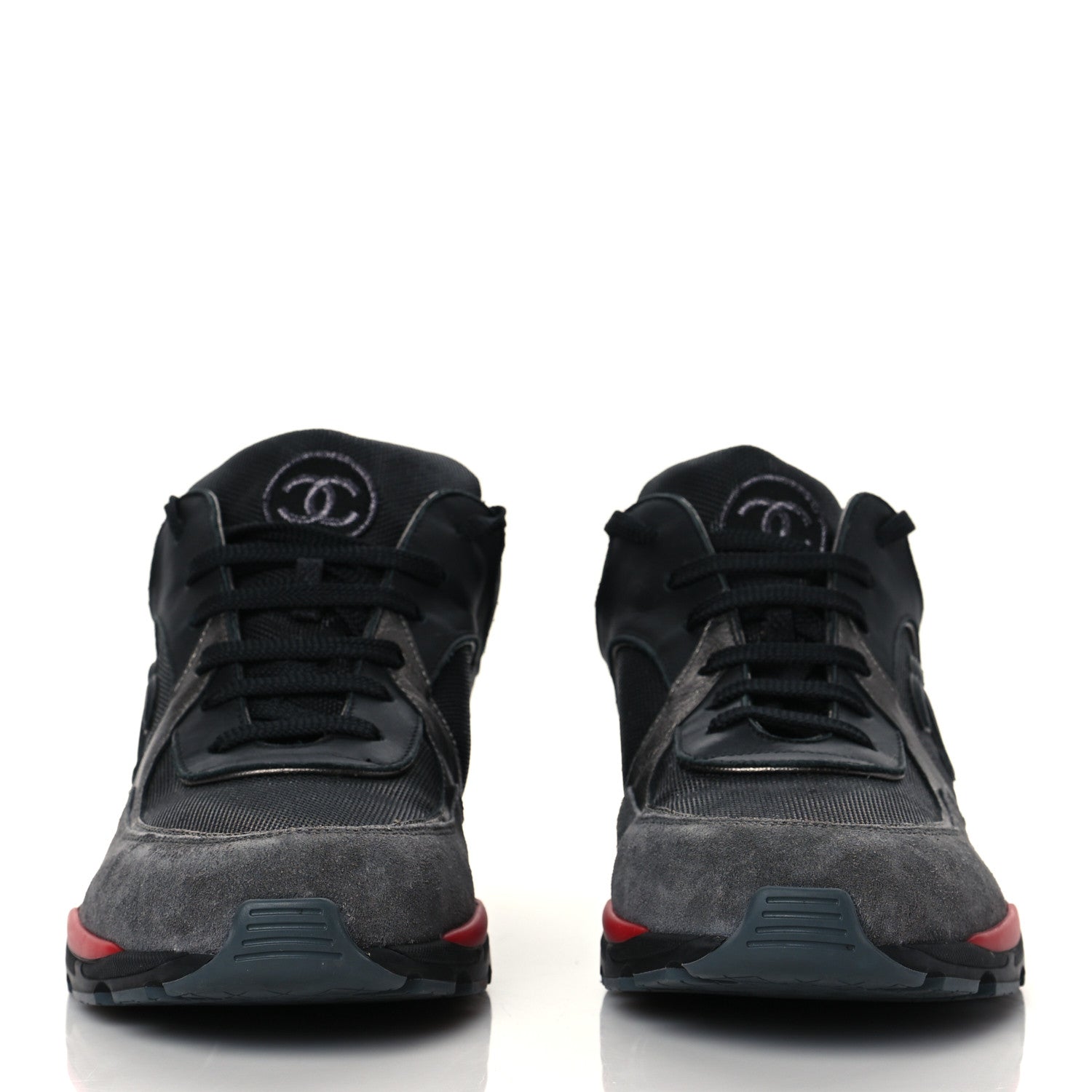 Chanel Calfskin Suede Fabric Mens Sneakers 43 Black Grey Red 2 of 8