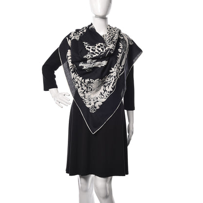 Hermes Cashmere Silk Jungle Love Tattoo Shawl 140 Bleu Black White 2 of 5