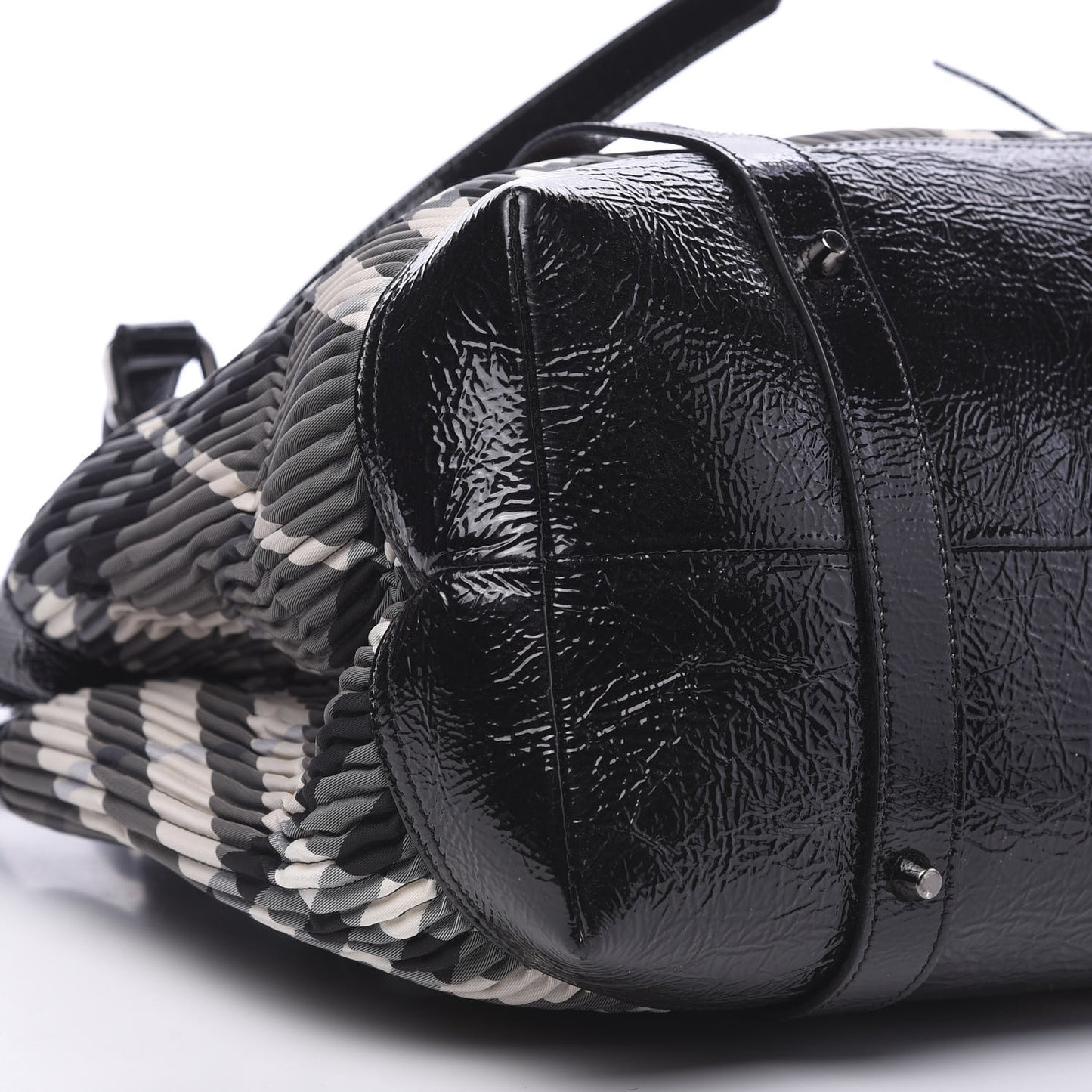 Nylon Beat Check Pleated East West Tote Black