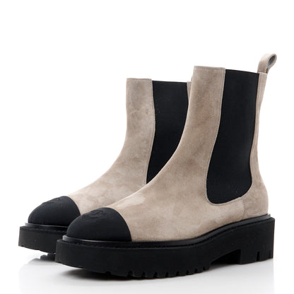 Chanel Suede Calfskin Grosgrain Cap Toe CC Ankle Boots 39.5 Light Grey Black 3 of 9