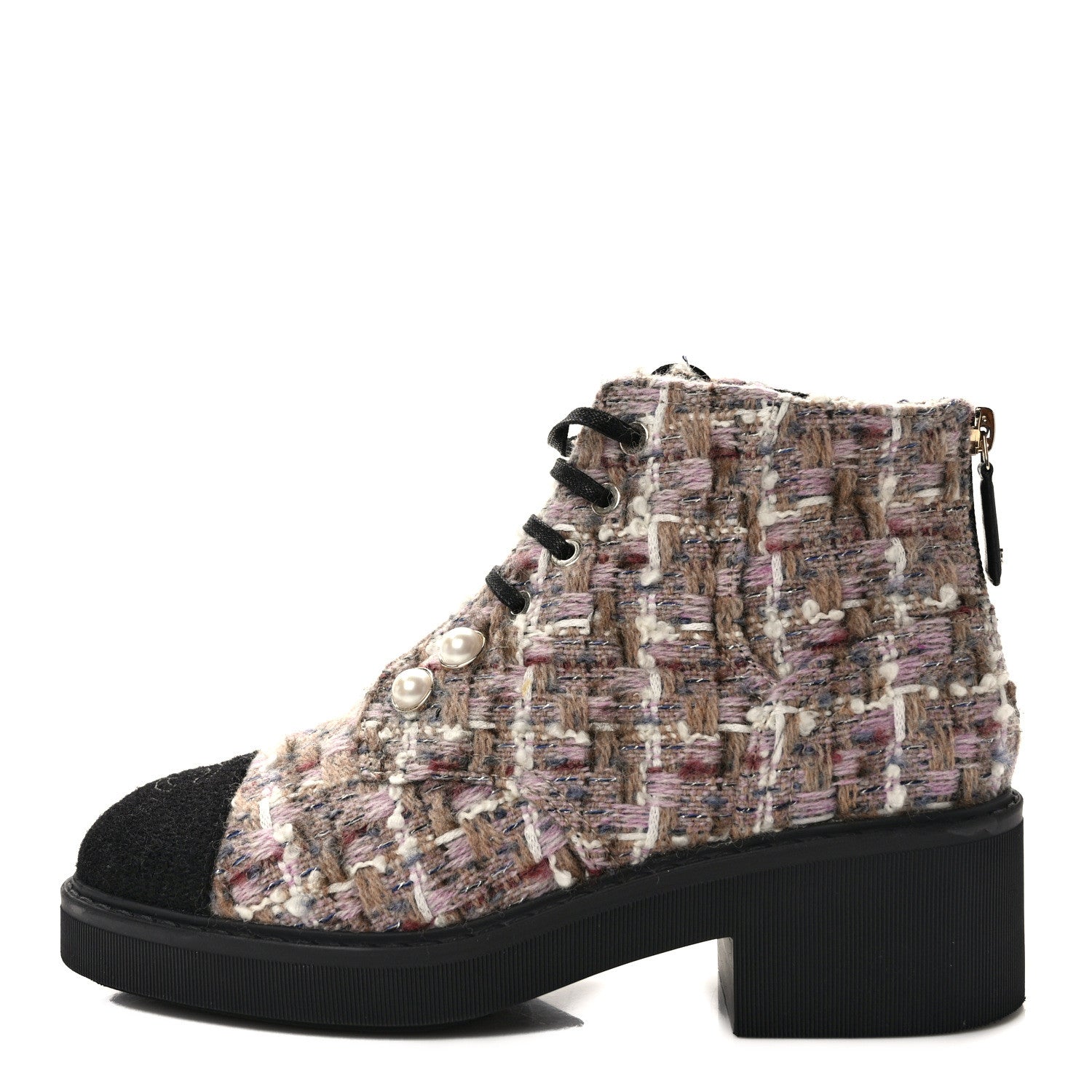 Chanel Tweed Calfskin Pearl Combat Short Boots 38 Beige Pink Black 1 of 8