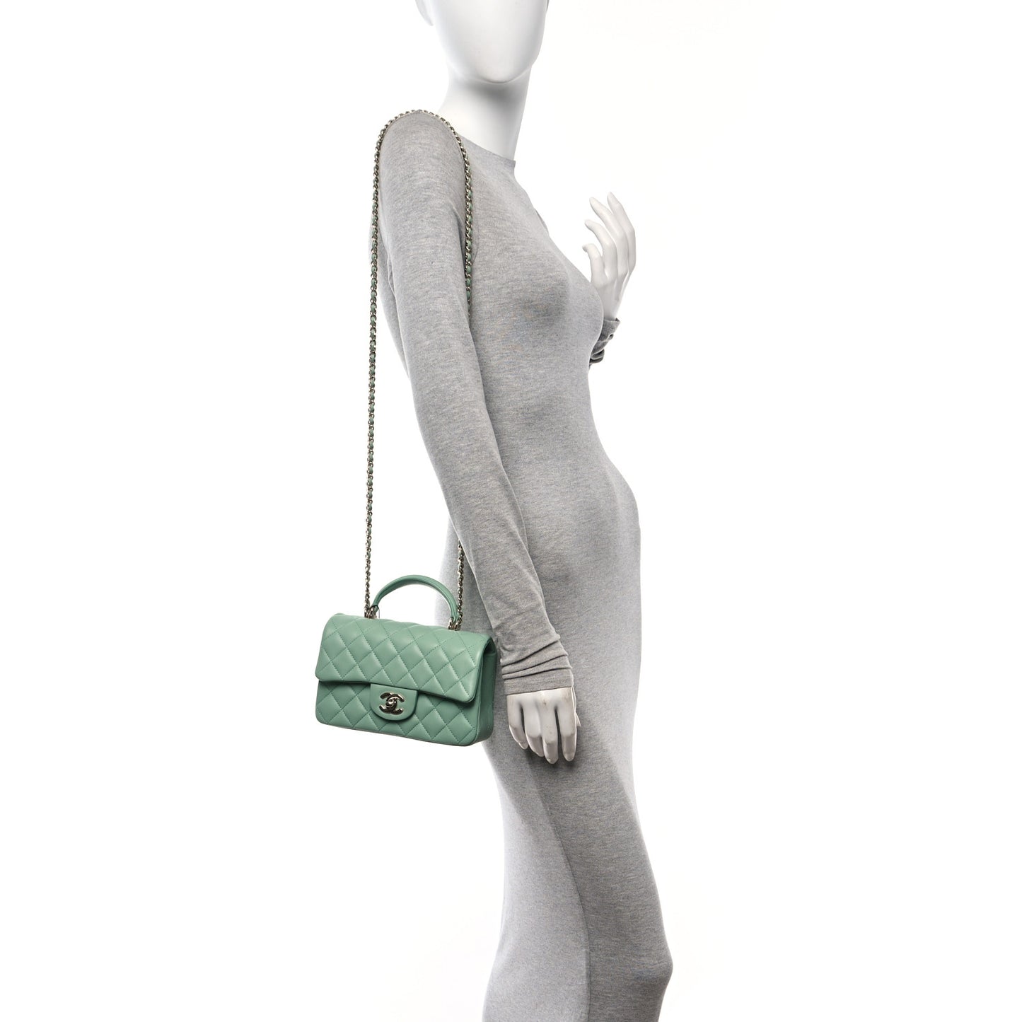 Lambskin Quilted Mini Top Handle Rectangular Flap Light Green