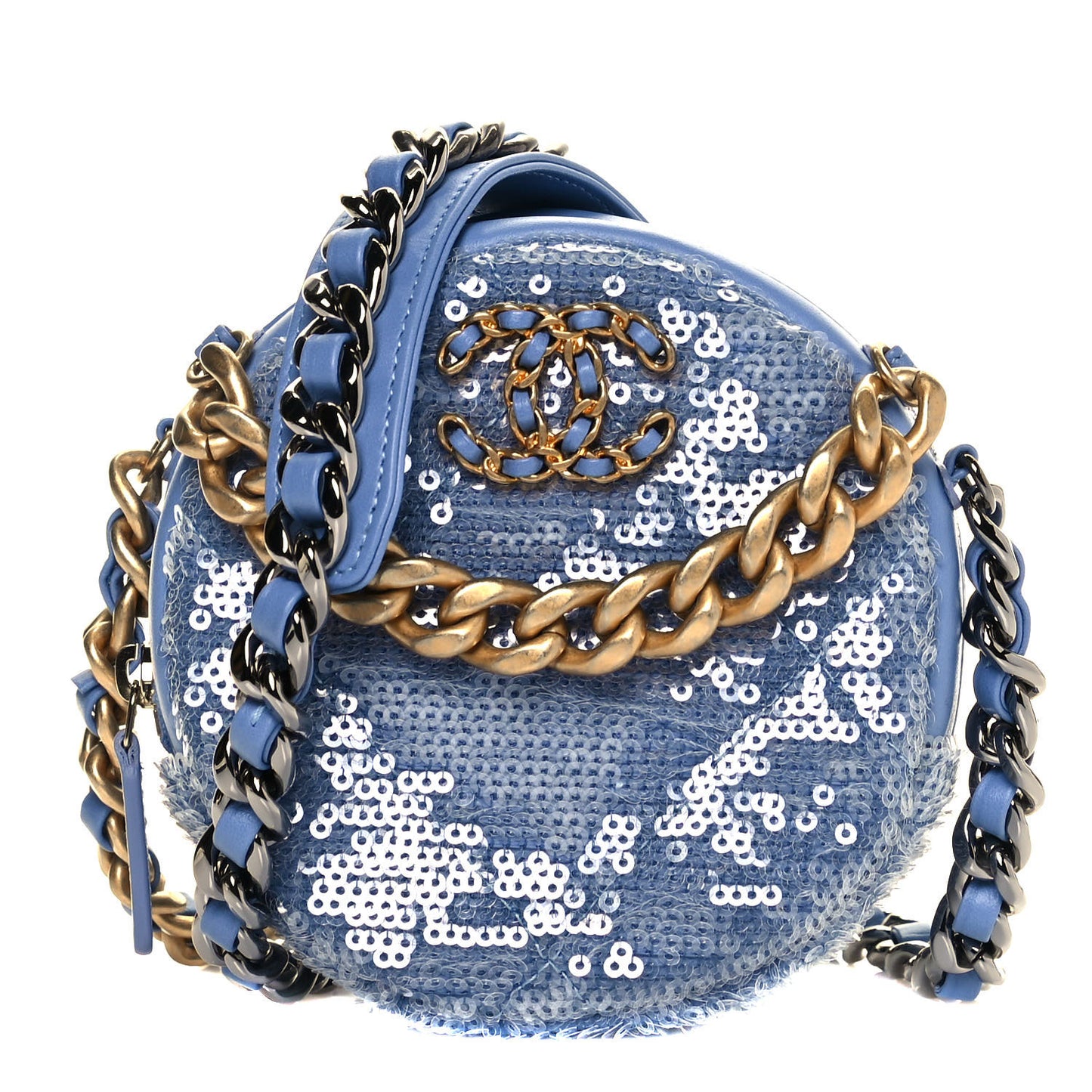 Sequin Chanel 19 Round Clutch With Chain Light Blue