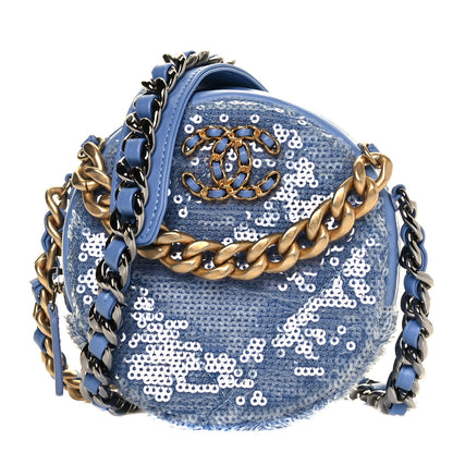Chanel Sequin Chanel 19 Round Clutch With Chain Light Blue 1 of 13