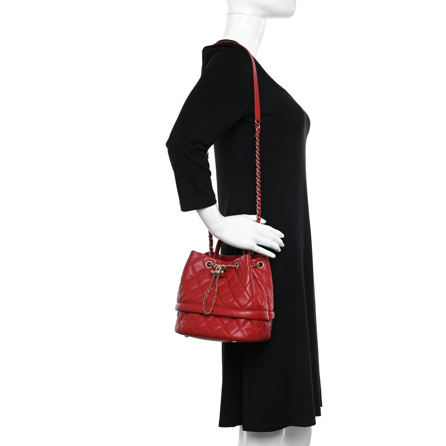 Caviar Quilted Rolled Up Bucket Drawstring Bag Red