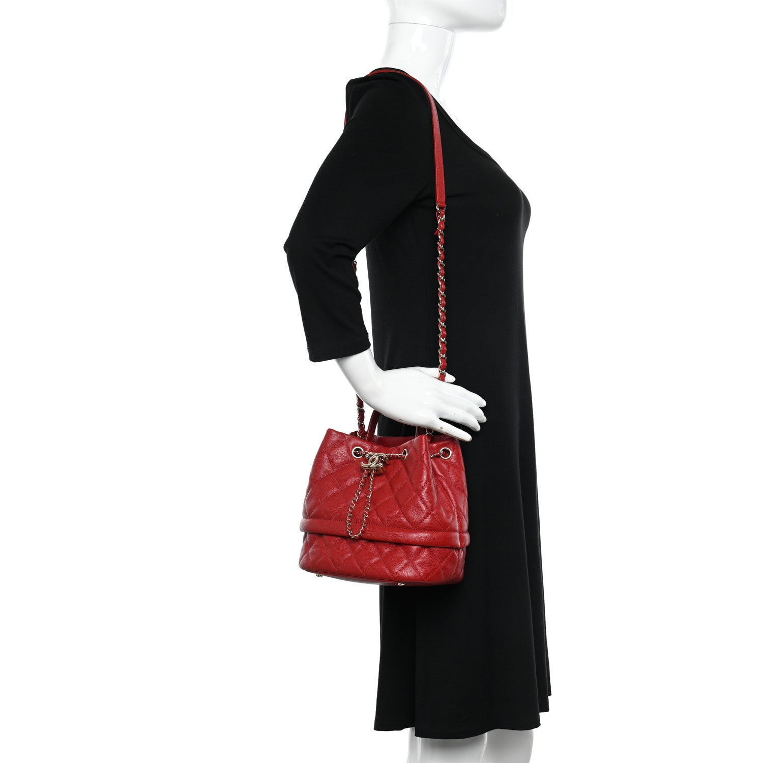 Chanel Caviar Quilted Rolled Up Bucket Drawstring Bag Red 2 of 10