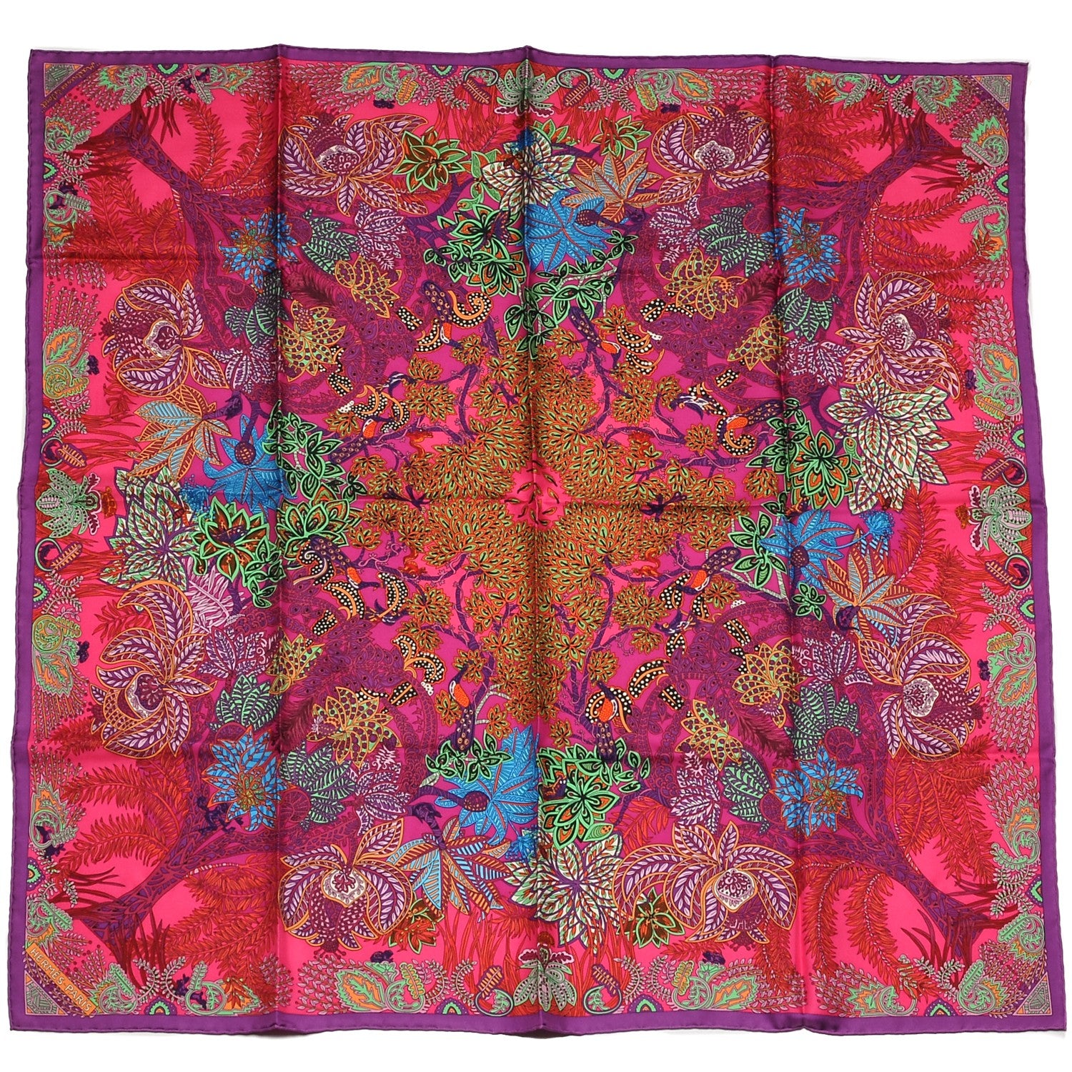 Hermes Silk Maitres de la Foret Scarf 90 Rose Indien Vert Bleu 1 of 6