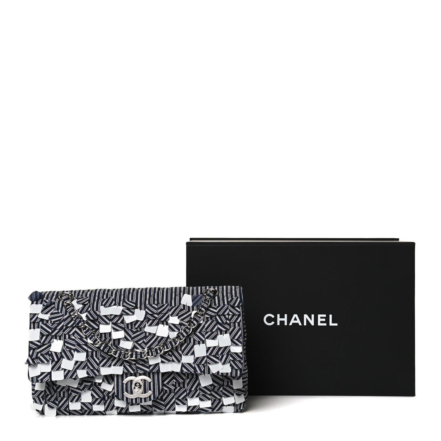 Canvas Sequin Stripe Medium Double Flap Navy Blue