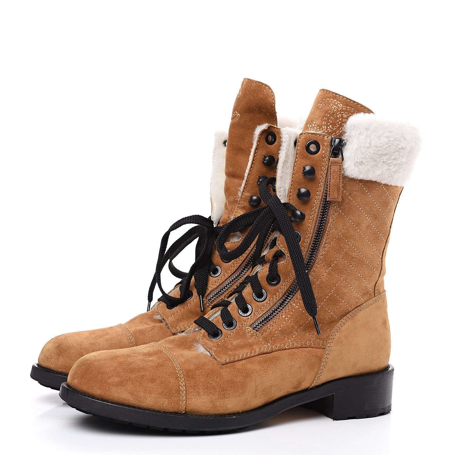 Chanel Suede Calfskin Shearling Quilted CC Tall Lace Up Combat Boots 42 Marron Ecru 3 of 10