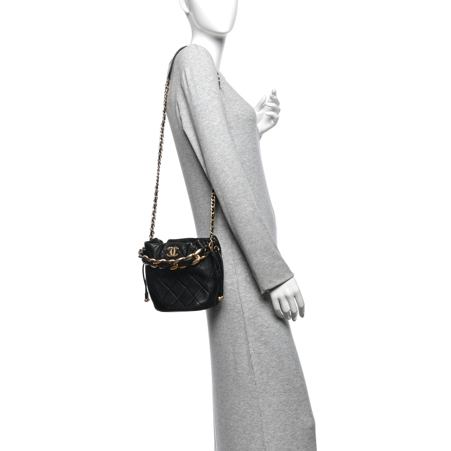 Shiny Lambskin Quilted Chain Is More Drawstring Bag Black