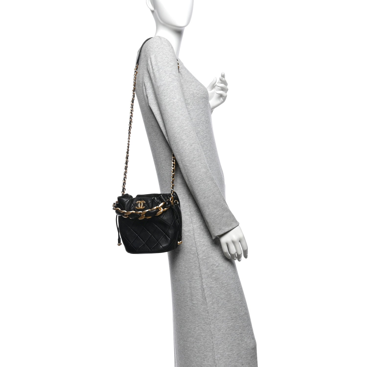 Chanel Shiny Lambskin Quilted Chain Is More Drawstring Bag Black 2 of 12