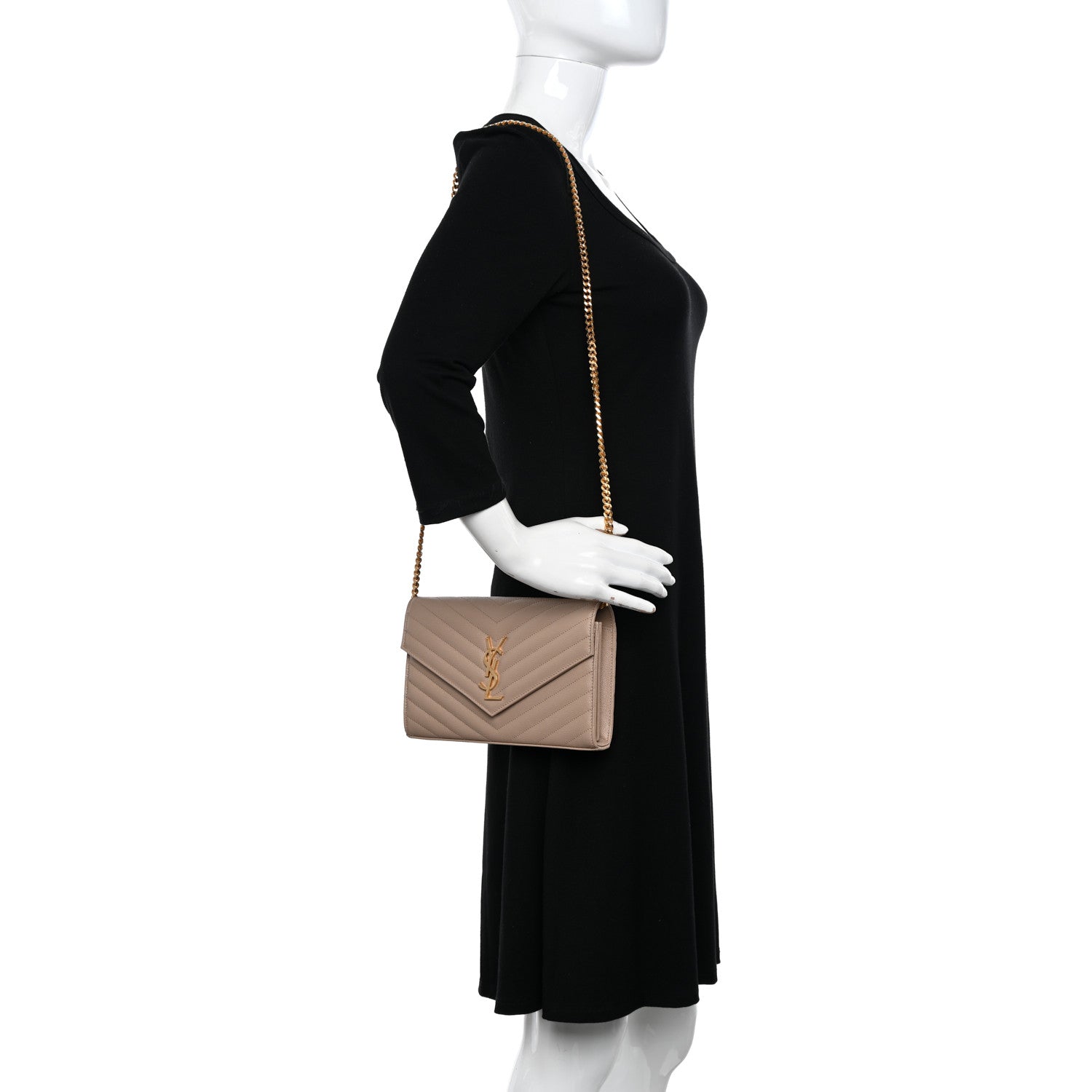 Saint Laurent Grain De Poudre Matelasse Chevron Monogram Chain Wallet Dark Beige 2 of 11