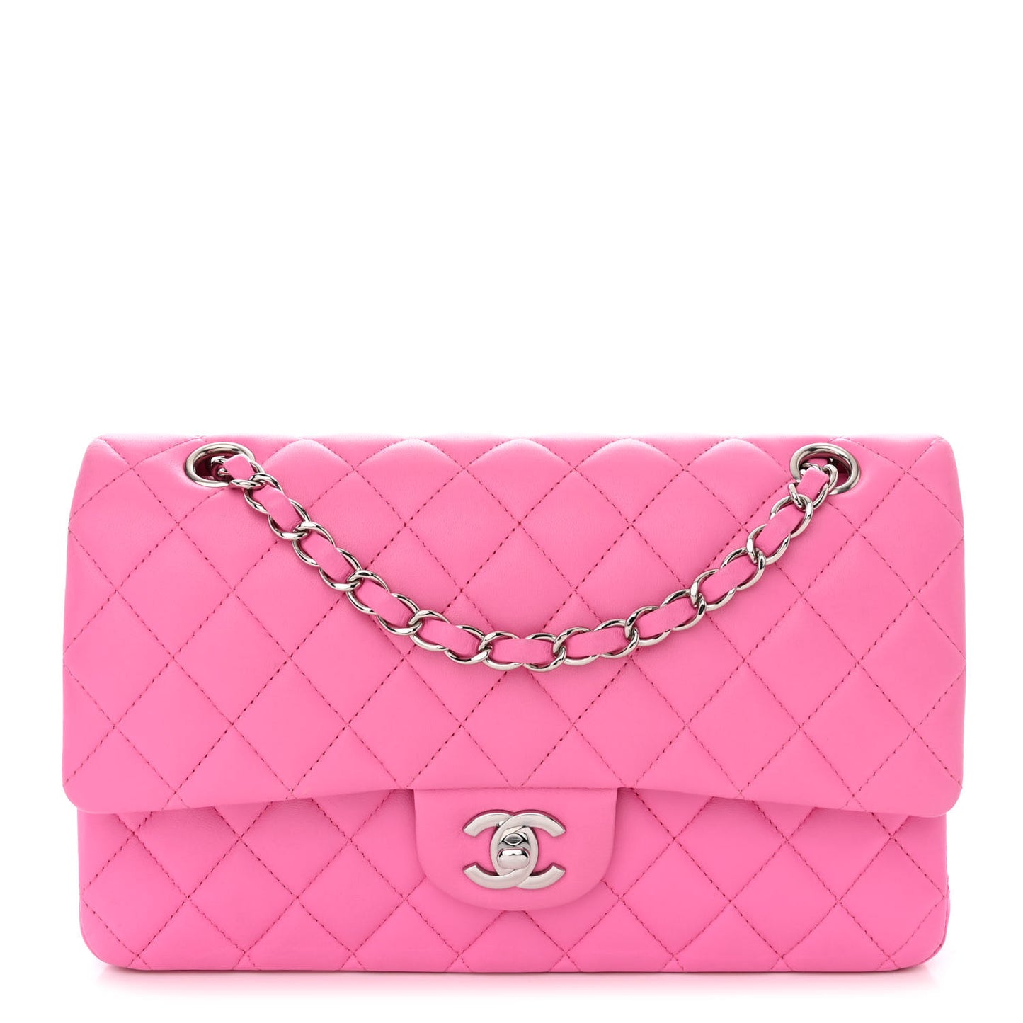 Lambskin Quilted Medium Double Flap Neon Pink