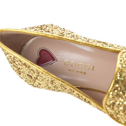 Gucci Glitter Nappa Web Peyton 75mm Loafer Pumps 35.5 Oro Vecchio 7 of 10