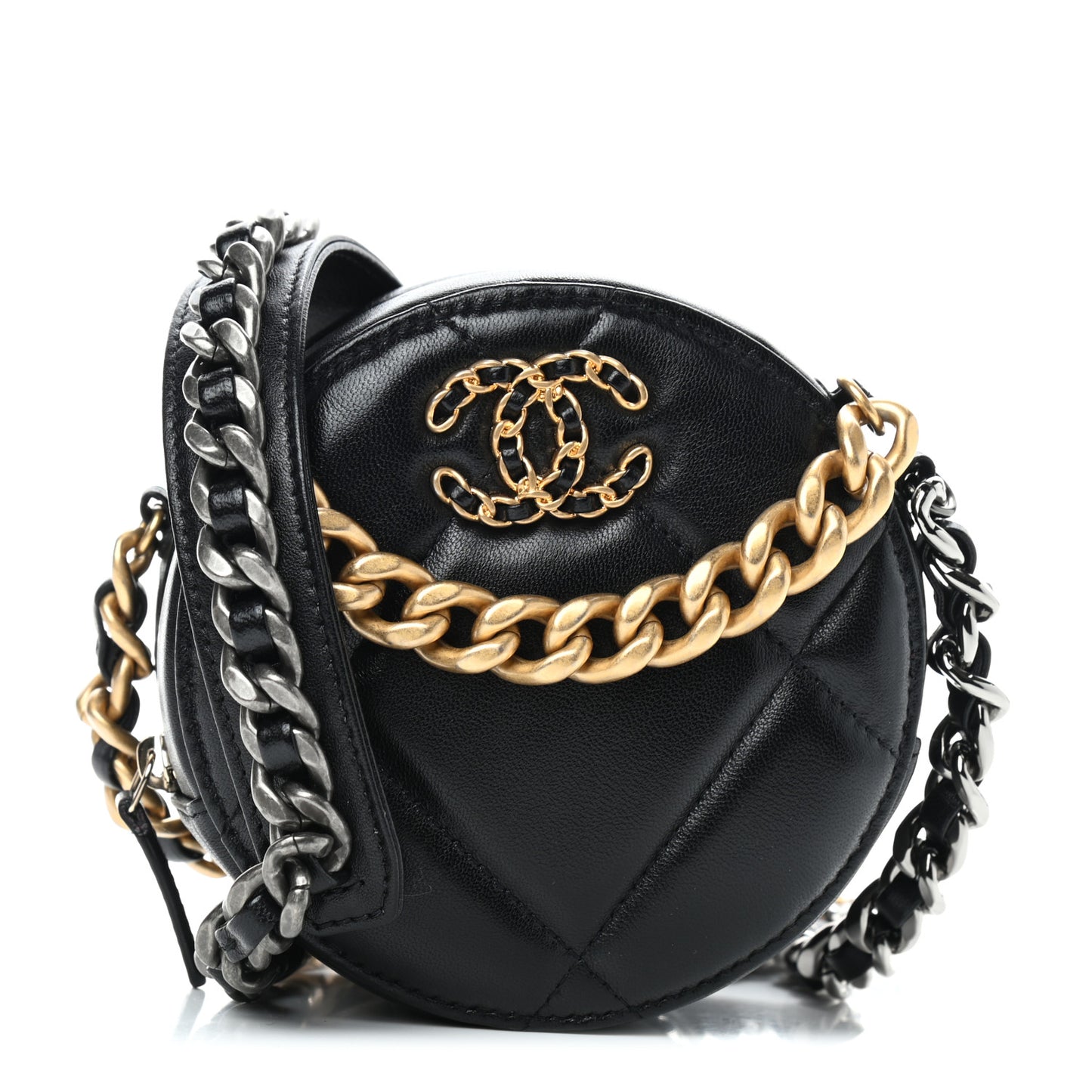 Lambskin Quilted Chanel 19 Round Clutch With Chain Black