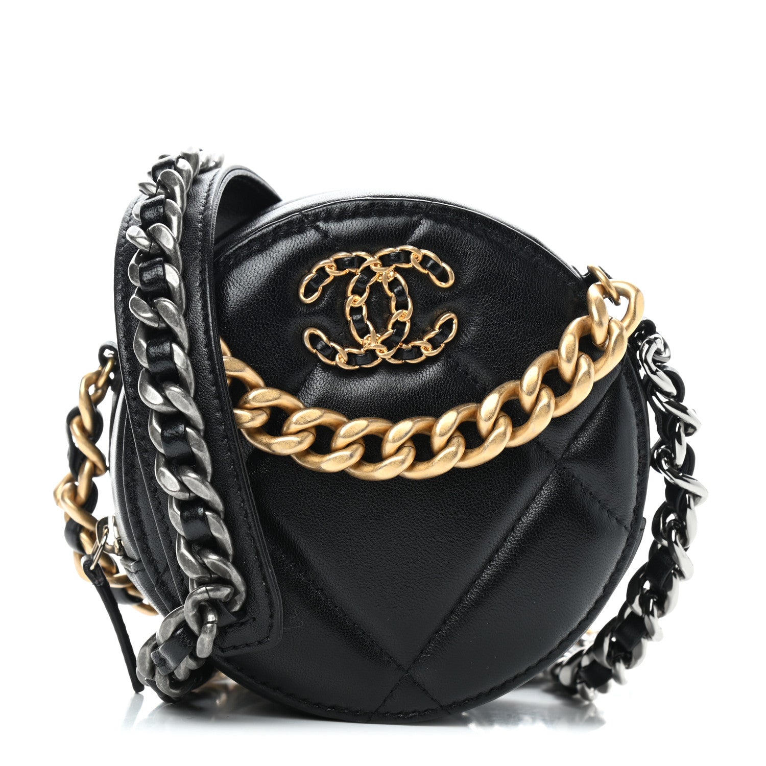 Chanel Lambskin Quilted Chanel 19 Round Clutch With Chain Black 1 of 11