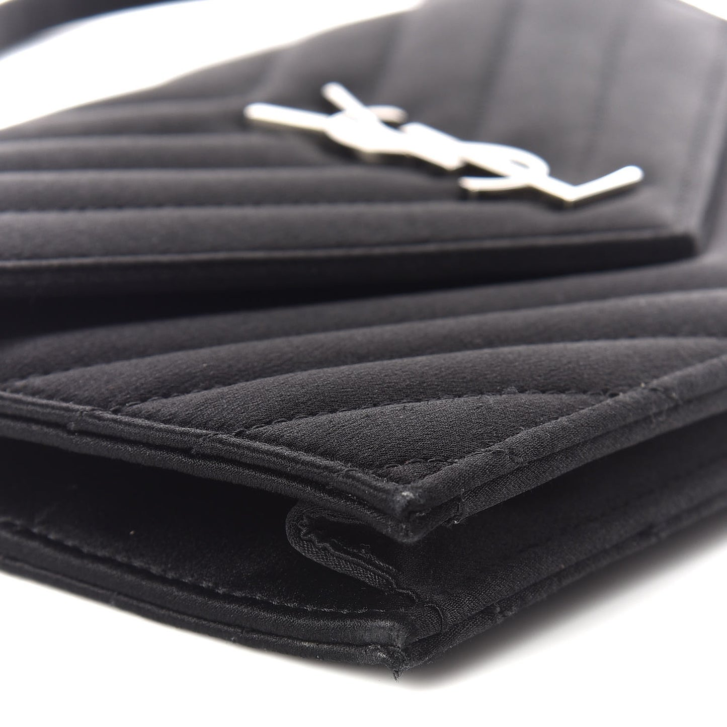 Satin Chevron Monogram Envelope Chain Wallet Black