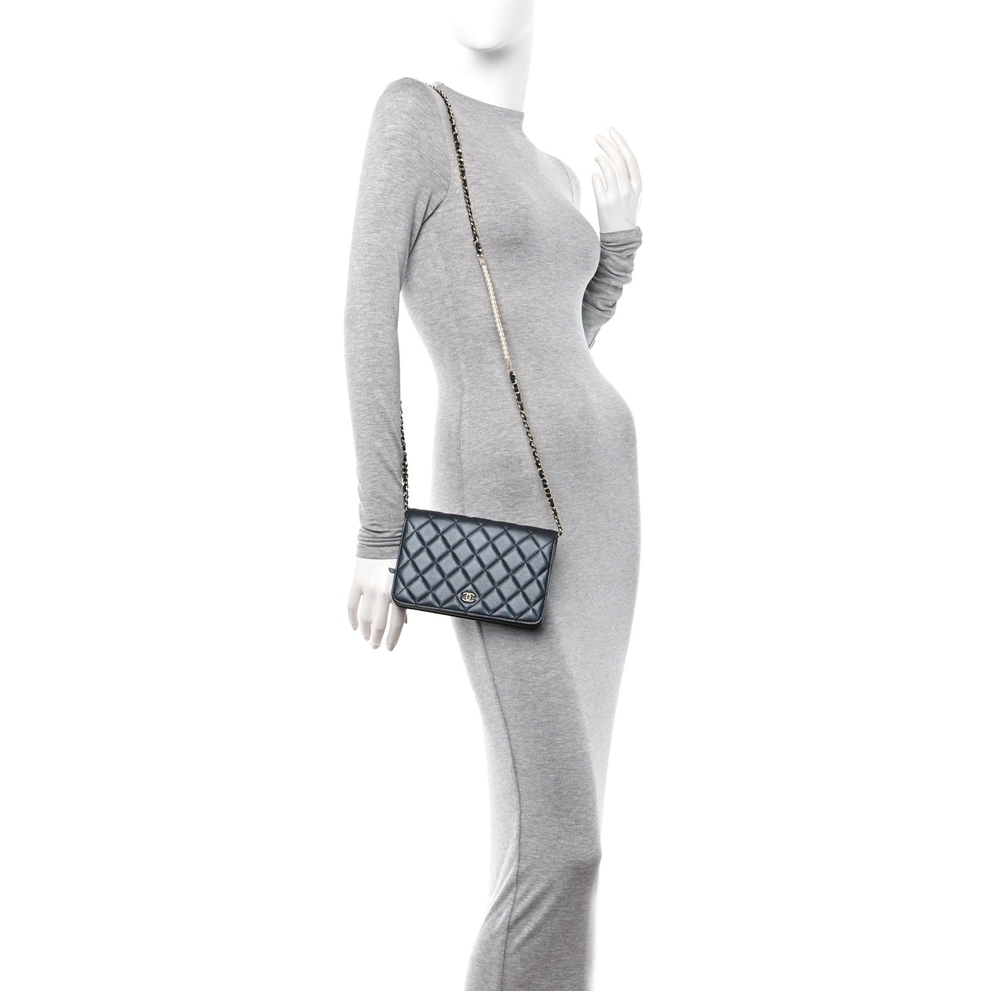 Iridescent Lambskin Quilted Pearl Wallet On Chain WOC Black