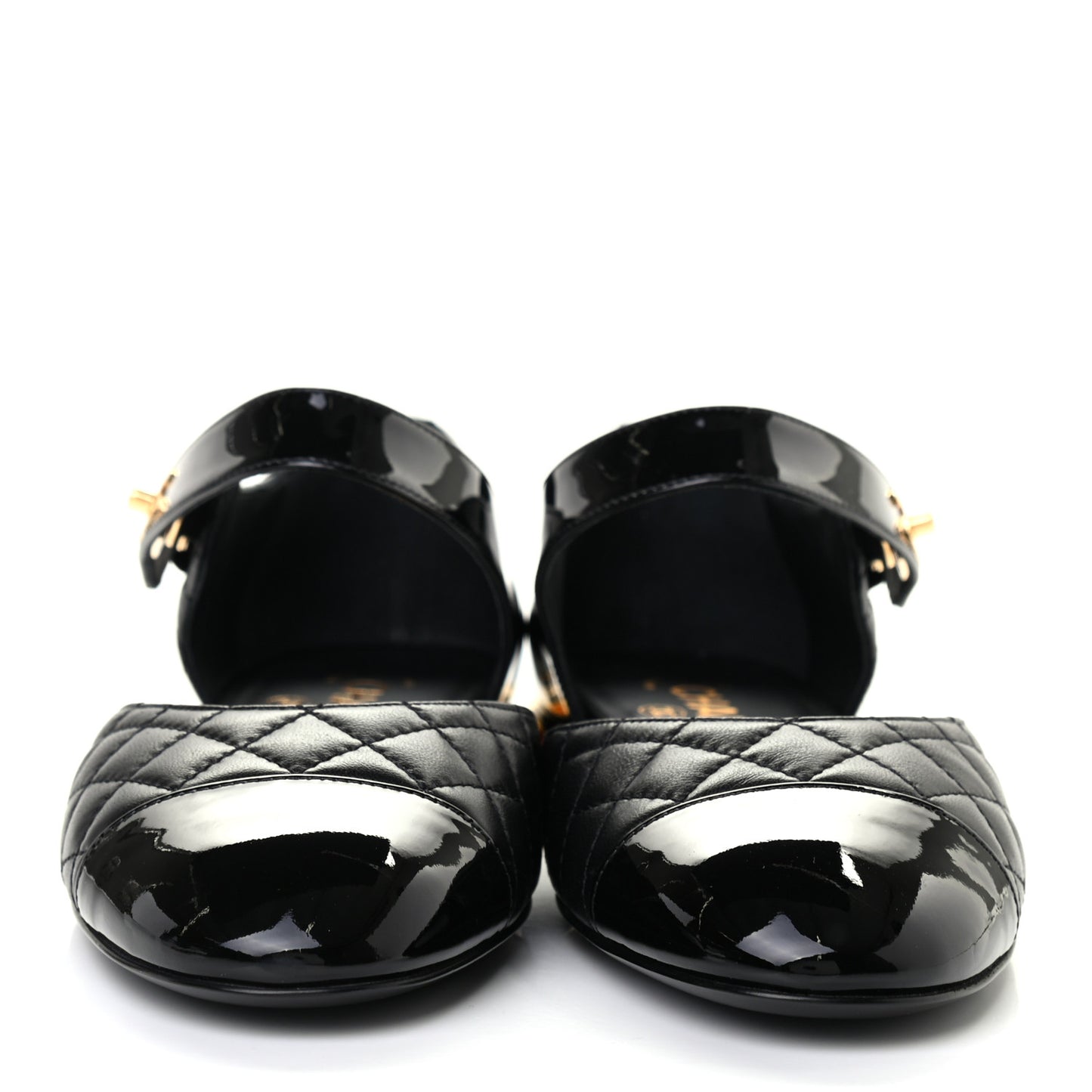 Patent Lambskin Quilted Cap Toe Ballerina Flats 38 Black