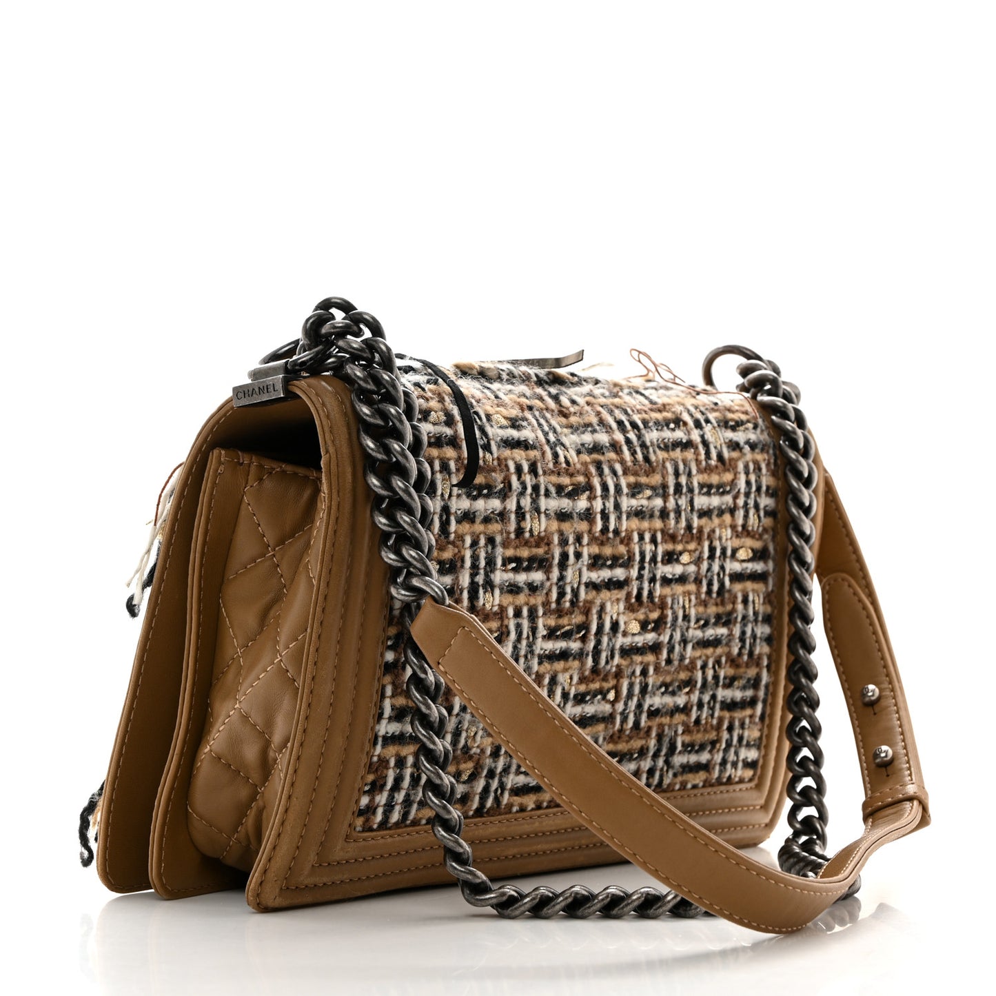 Calfskin Tweed Enchained Medium Boy Flap Brown