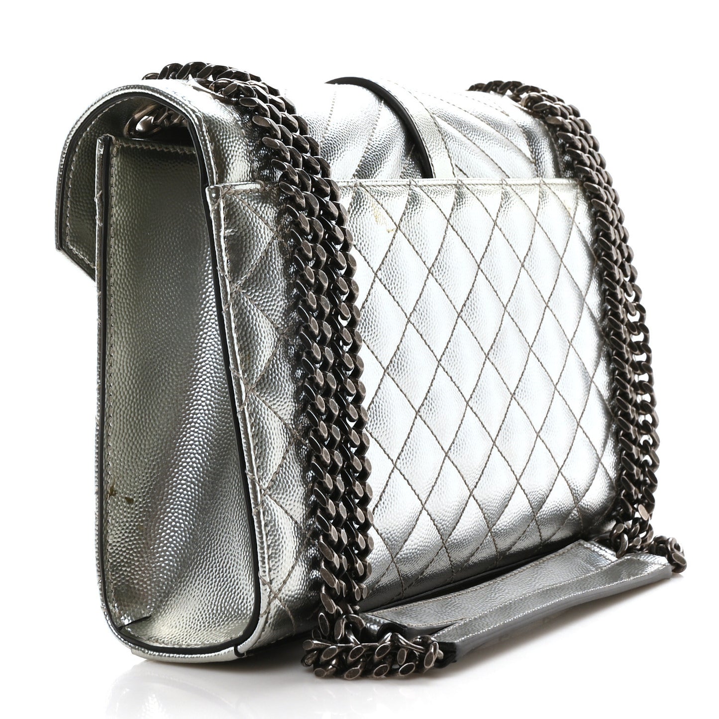 Metallic Grain De Poudre Textured Mixed Matelasse Triquilt Medium Monogram Satchel Silver