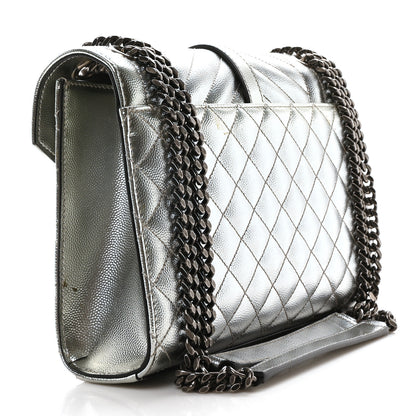 Saint Laurent Metallic Grain De Poudre Textured Mixed Matelasse Triquilt Medium Monogram Satchel Silver 3 of 9